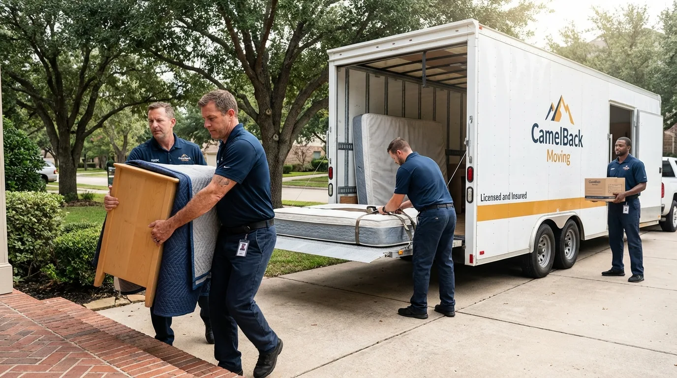 Crew loading residential truck for cross-state move from Spencerport, NY