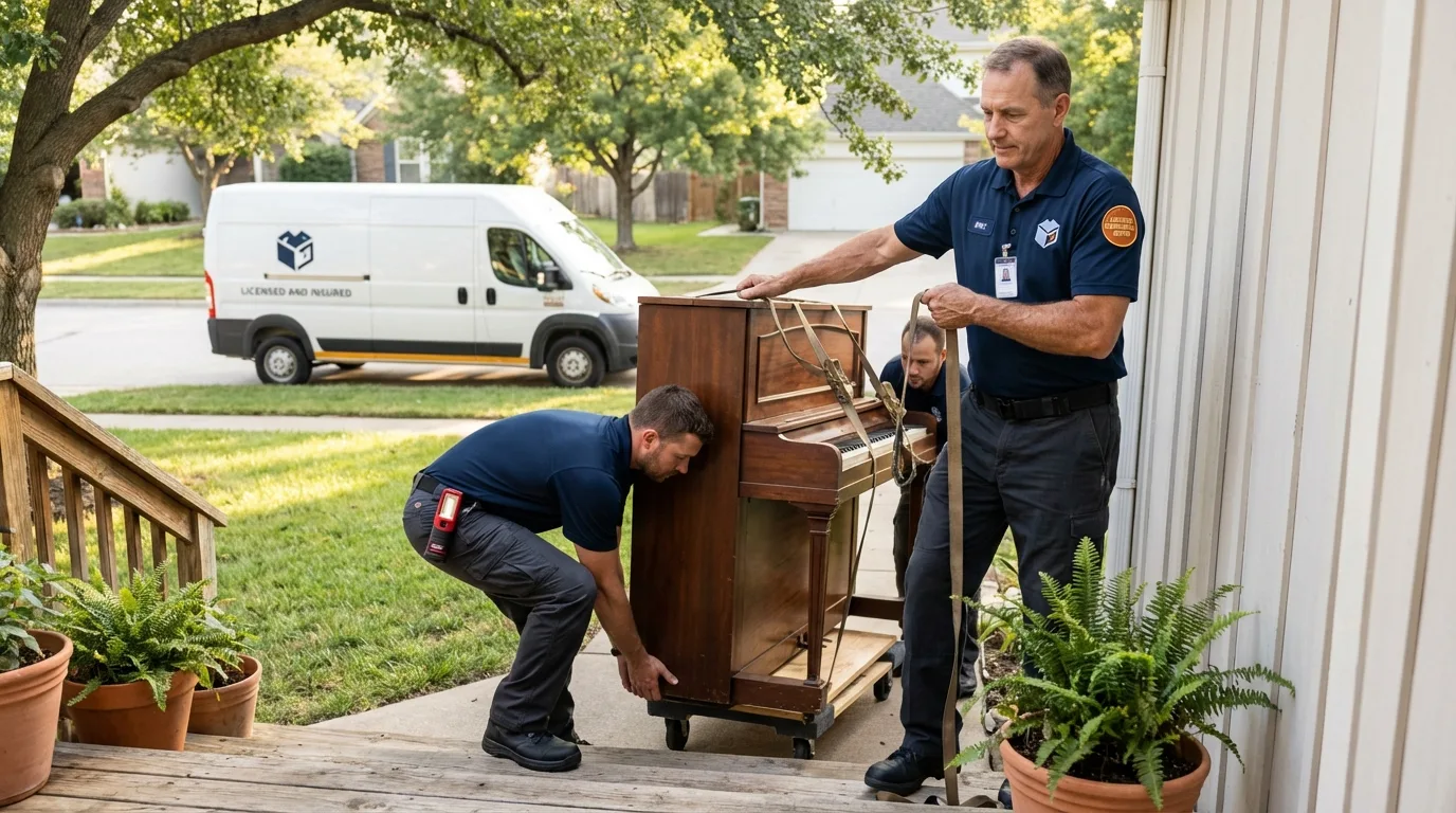 Licensed piano movers securing grand piano in Spencerport, NY
