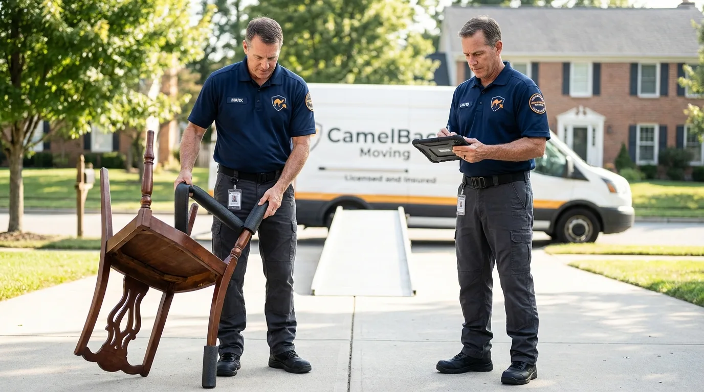 Movers inspecting furniture for damage prevention before loading in Spencerport, NY