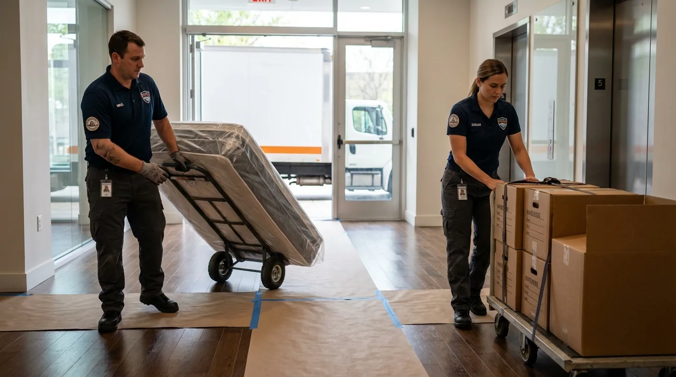 Professional apartment movers loading elevator in Spencerport, NY